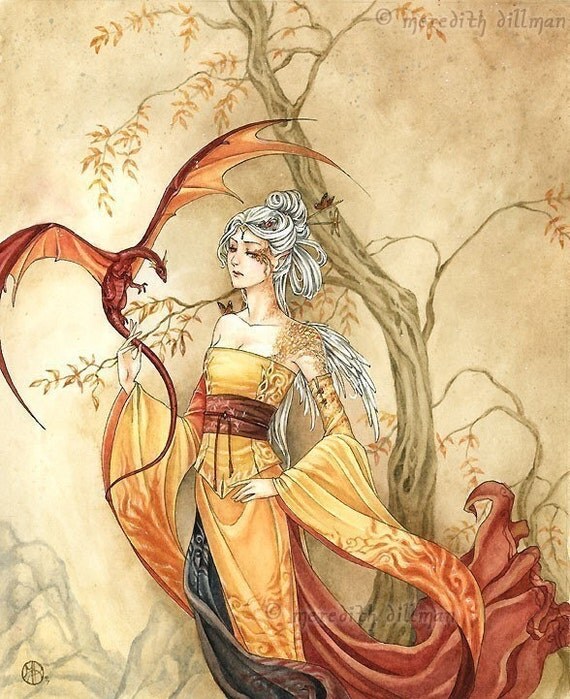 Japanese Asian elf woman w dragon Limited Edition print - The Golden One