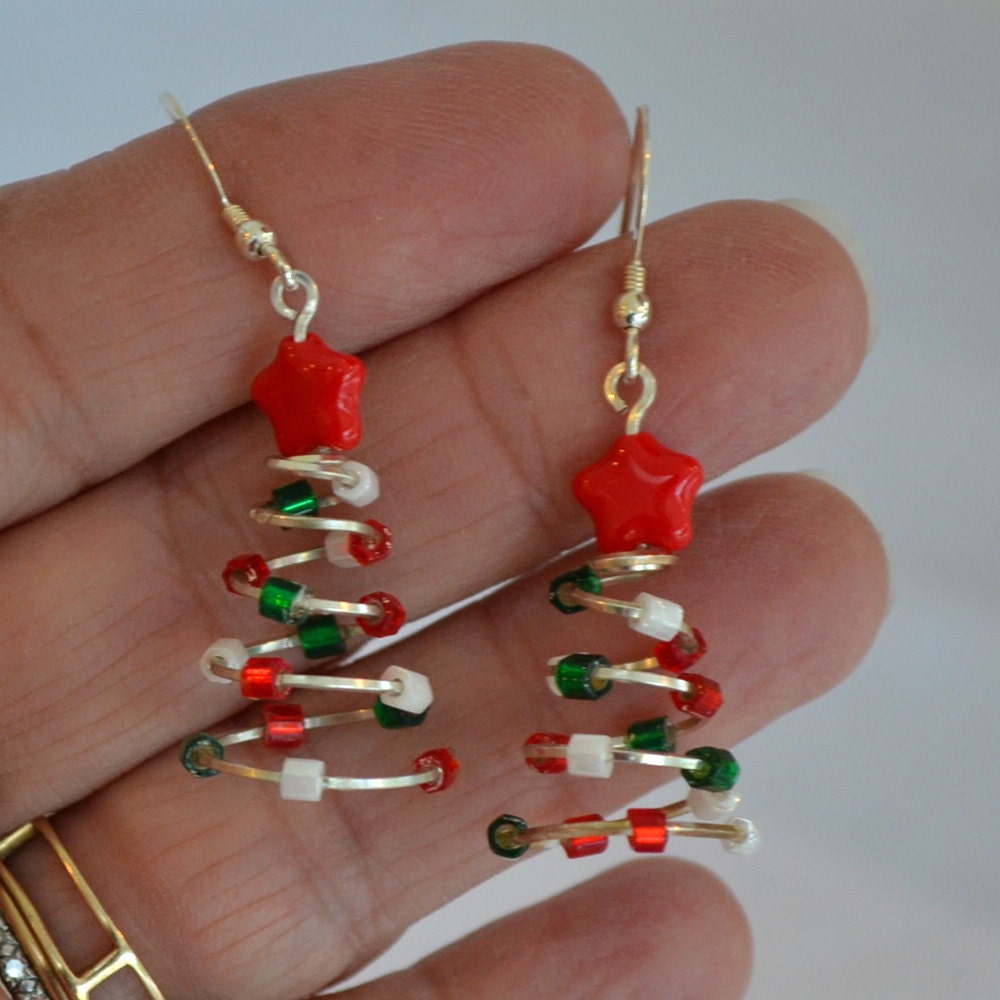 Christmas Earrings.  Christmas trees red green white lights, Sterling Silver with Red stars .