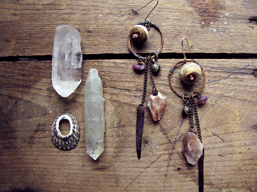 Gondwana - artisan tribal earrings - raw sunstone crystal - patina metal