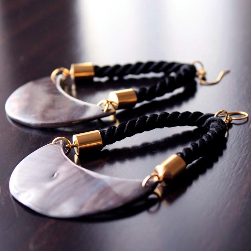 Large Dangle Earring - Black Moon - Mother of Pearl and twisted cord