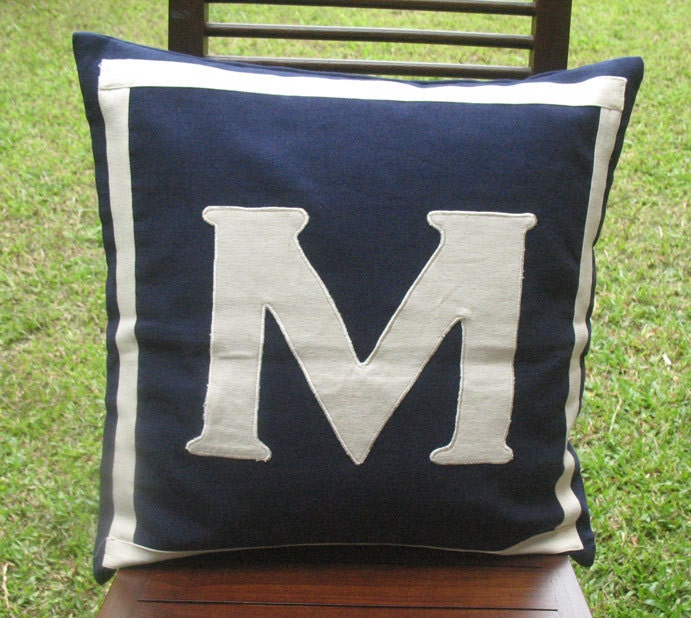 monogrammed pillows -20 inches navy and white
