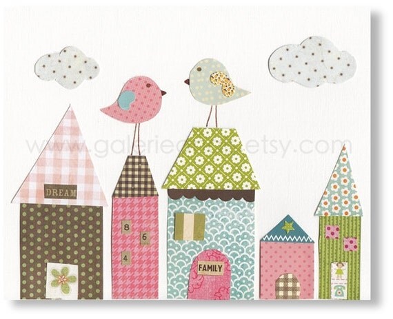 Nursery art prints, baby nursery decor, nursery wall art, kids art, kids bird, kids room decor, house, Up On The Roof 8x10 print