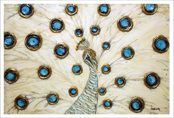 White Blue Gold peacock contemporary abstract modern Fine Art PRINT 13x19