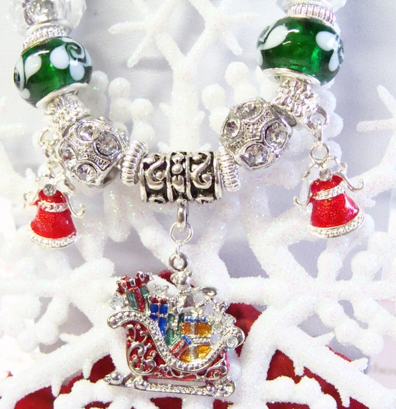Christmas Red and Green Pandora Style Necklace with Crystals and Rhinestones