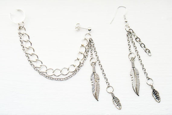 Ear Cuff with Chains Pair Silver Feathers Ear Wrap Earcuff Stud Cartilage