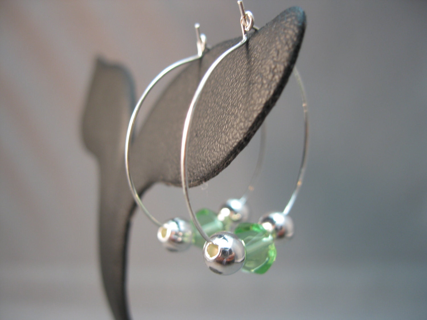 Delicate Silver Hoops and Beads with Light Green Glass Crystals Earrings