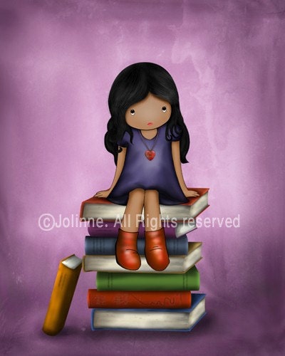 Books theme wall art print, kids room, baby purple nursery , teenagers art , back to school , dark skin girl, african american girl art