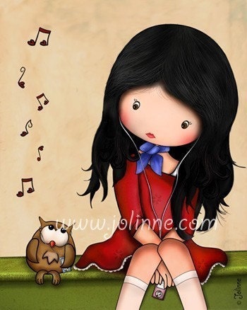 kids room art print, children wall decor, baby nursery art, girl and owl, music, wall hanging, beige background