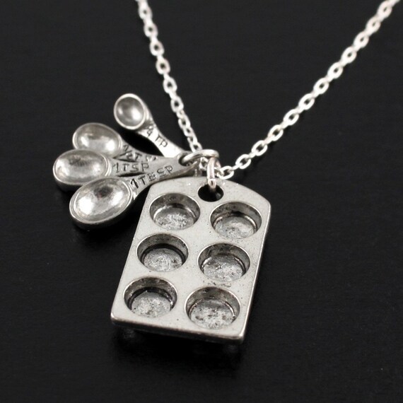 THE BAKERS NECKLACE Miniature Cupcake Muffin Pan and Tiny Measuring Spoons on Sterling Silver - Domestic Goddess, Birthday, Bridesmaid