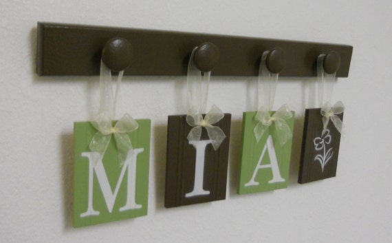 MIA with a FLOWER Nursery Alphabet Letter Set includes 4 Wooden Peg Brown and Light Green. Personalized nursery hanging ribbon signs