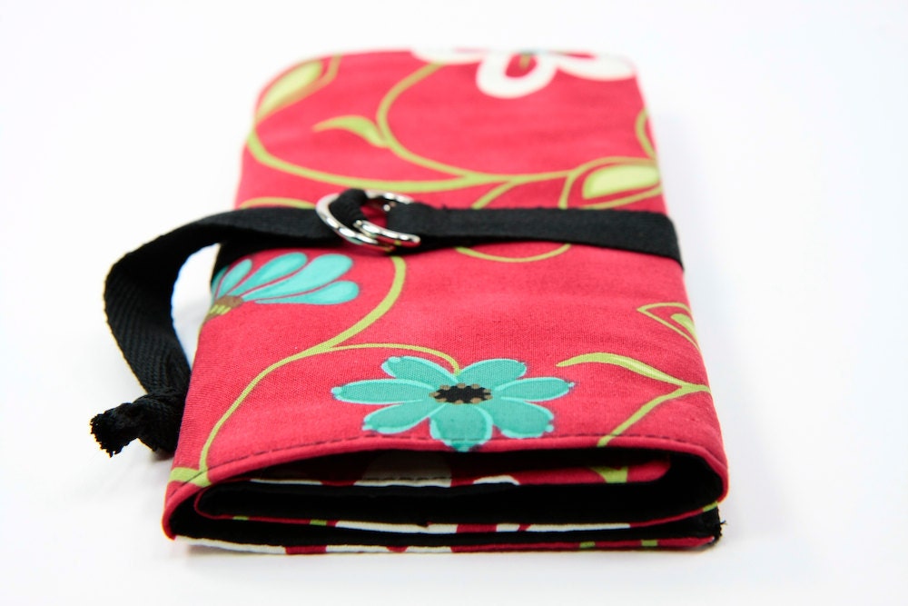 SHORT dpn or circular Knitting Needle Organizer Case - Artful in Red - 24 black pockets