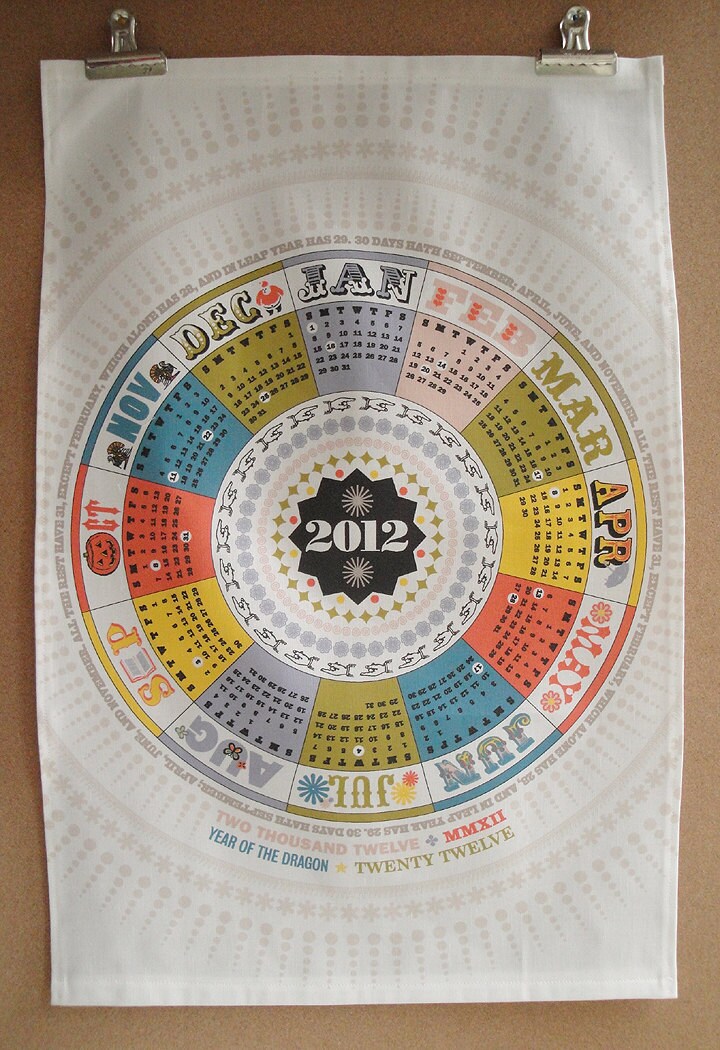 SALE 2012 Tea Towel Calendar - Circle Retro Typography - Limited Edition 9/20