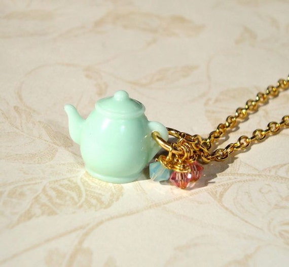 Mint Green Teapot Necklace - I'm a little Teapot - Alice in Wonderland Tea Party