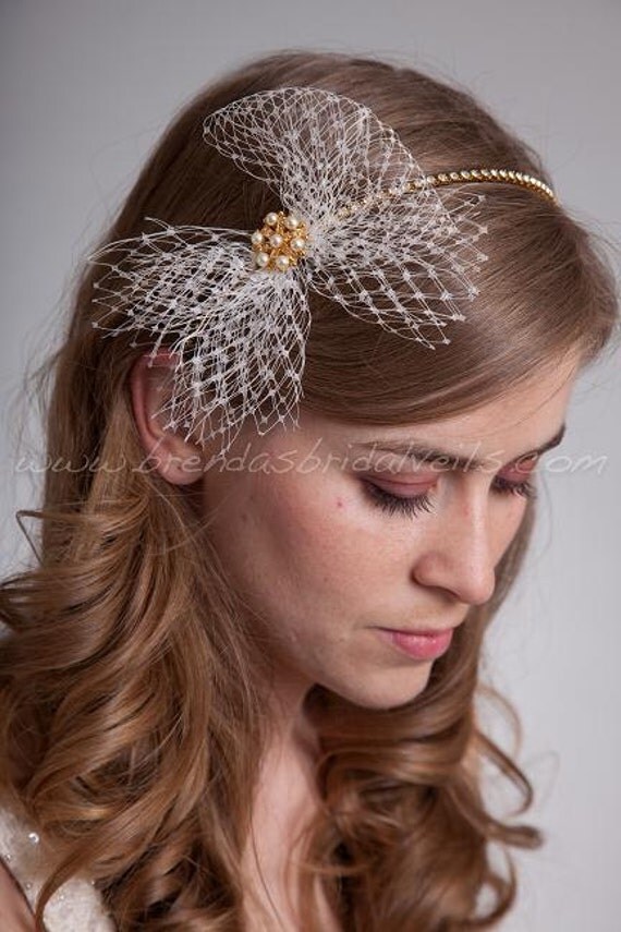 Gold Bridal Headband with Netting Rhinestones and Pearls Wedding Headband 