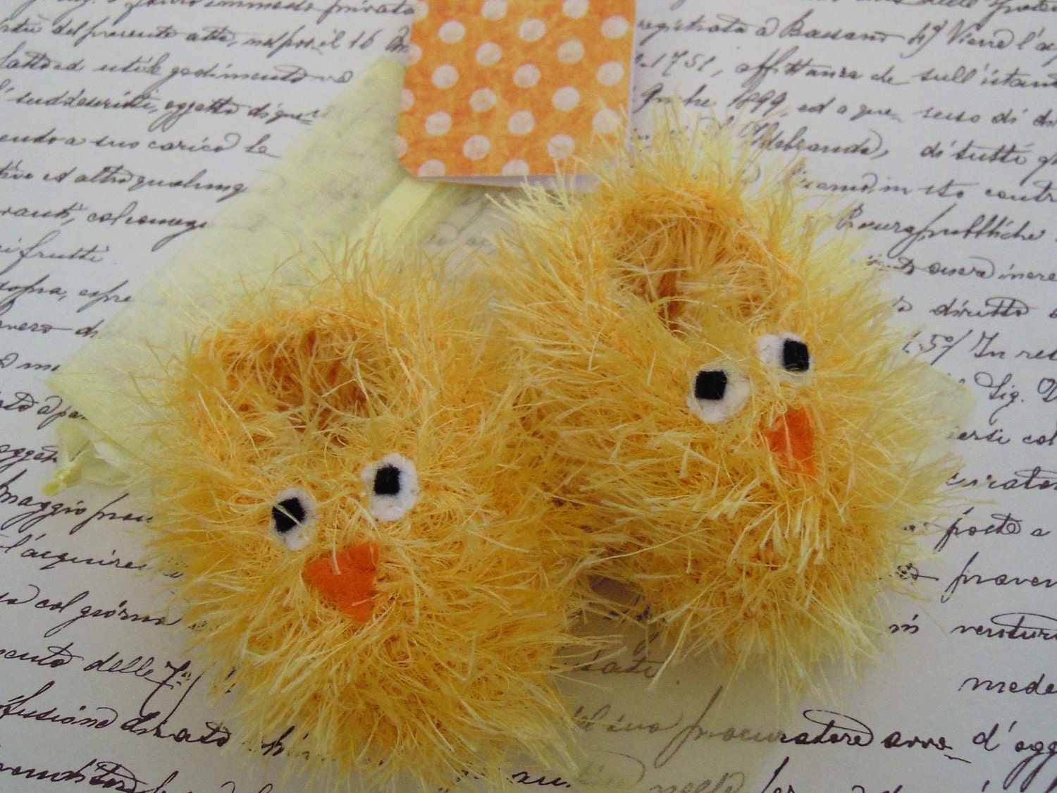 Easter chick baby gift set - fluffy hand knitted yellow bird booties, matching gift bag and polka dot gift card