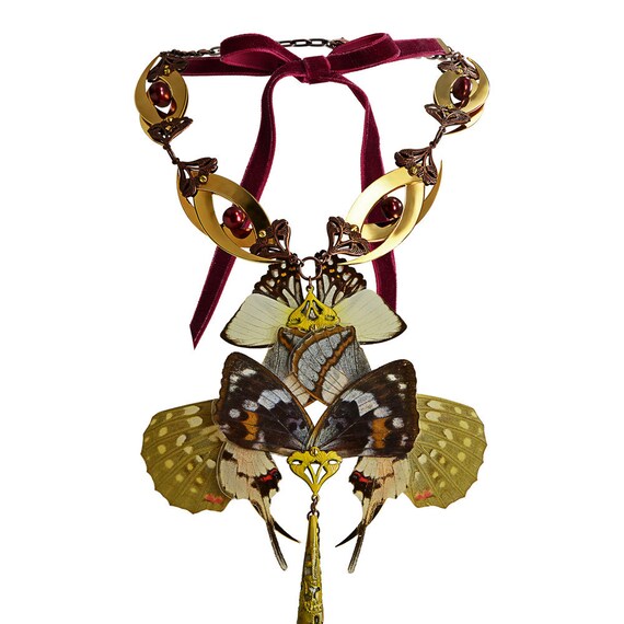 VENTA DE 25% DE DESCUENTO - Real Mariposa Dragonfly Luna Moth Wings - Fantasía Neo Victoria de hadas - Collar chapado en oro - One Of A Kind - Fotográfias Envios Gratis