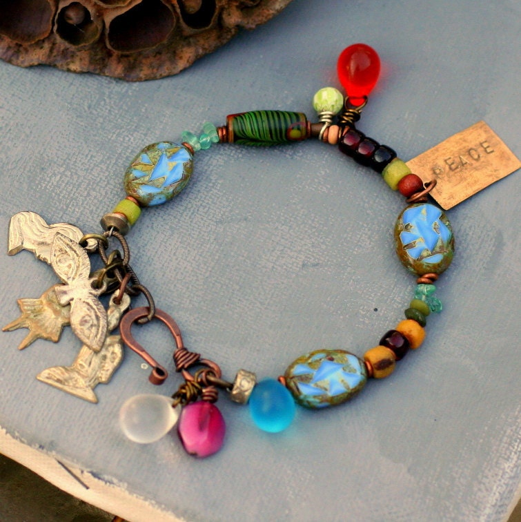 African Trade Bead Bracelet, Ethnic Jewelry, Mexican Folk Art, Milagro, Hand Stamped Copper