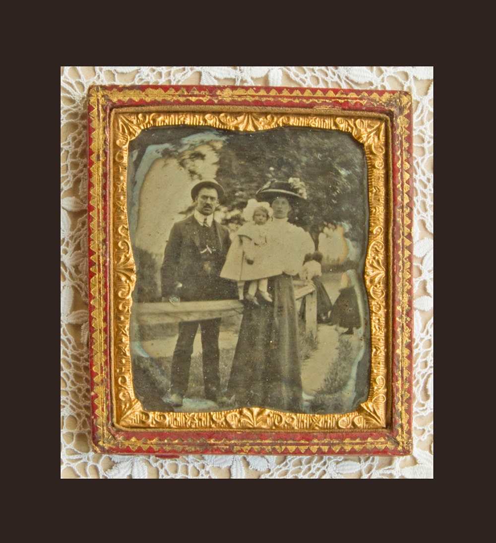 Antique Tin Type Photograph - Victorian Family group in a Paddock - circa 1890 -1900 - Sealed Case