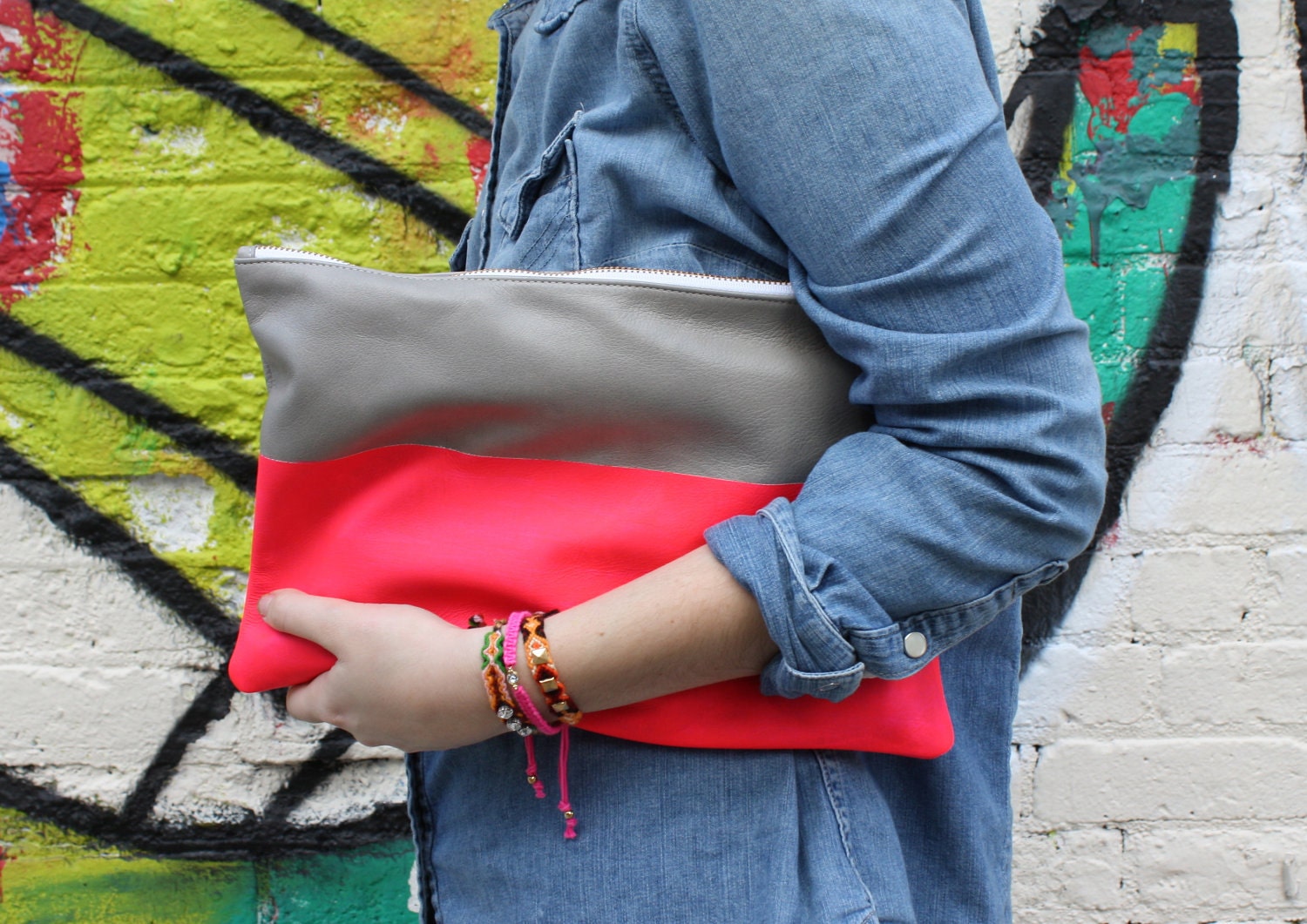 Neon Color Block Leather Clutch