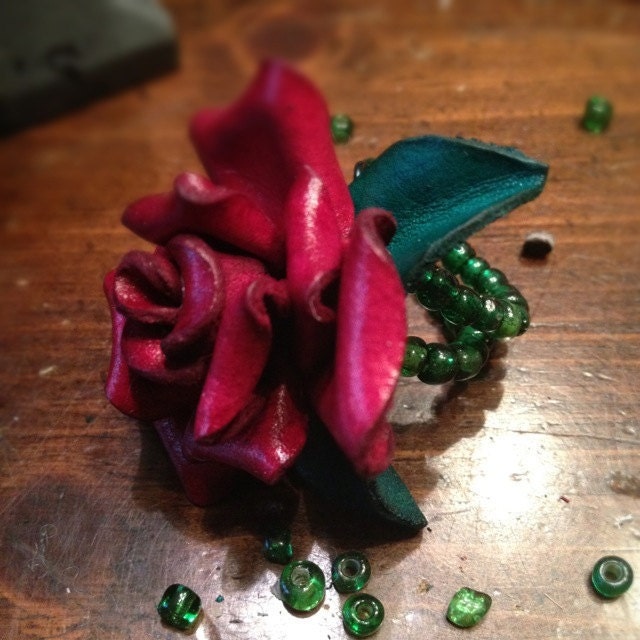 Red Leather Rose Ring