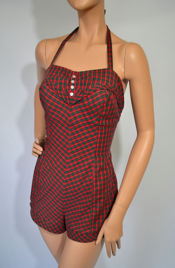 Loch Bathing... Vintage 50's Red Plaid Sweetheart Pin Up Bathing Suit