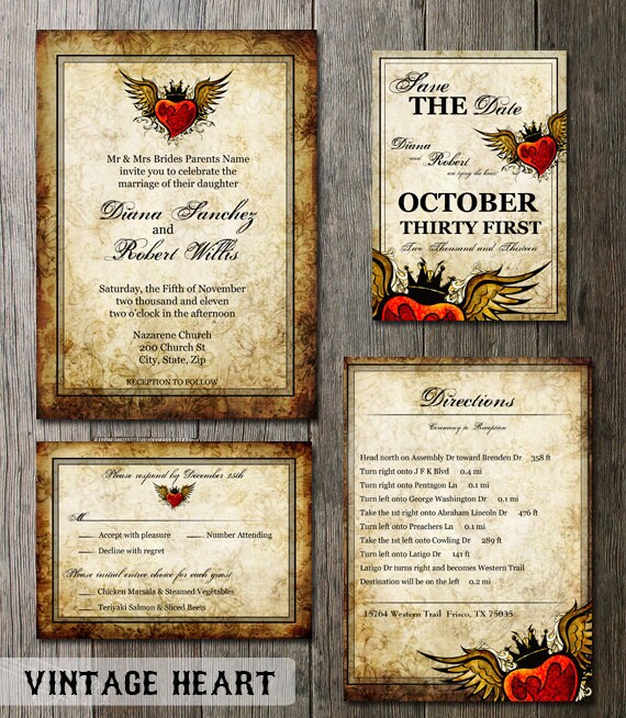 Vintage Tattoo Winged Heart Wedding Invitation Collection