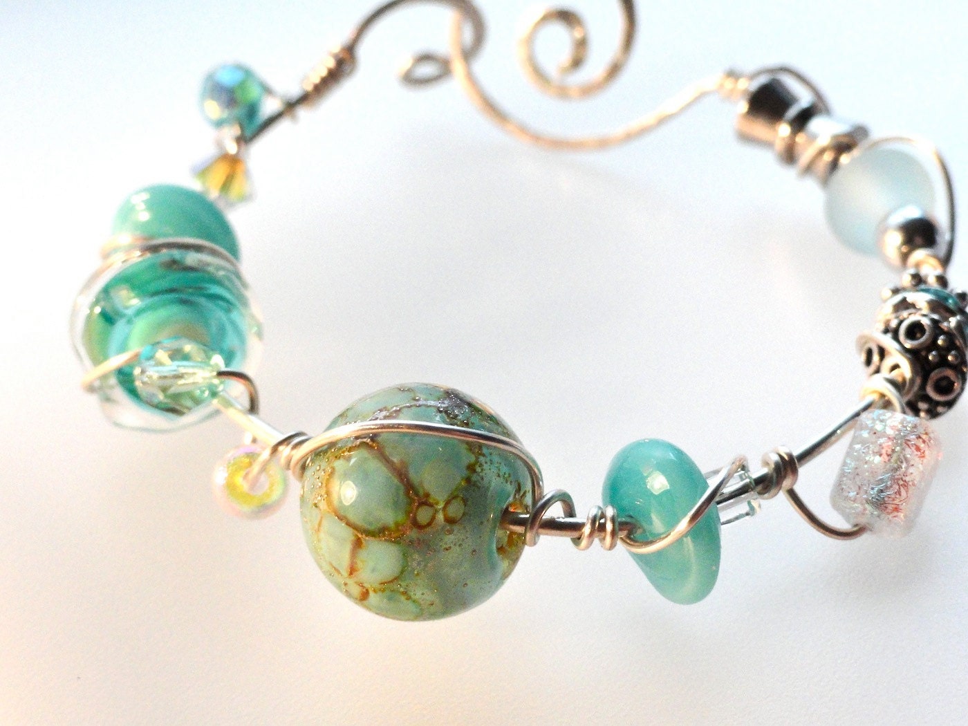 South Beach Seafoam Aqua Wire Wrapped SS Bracelet