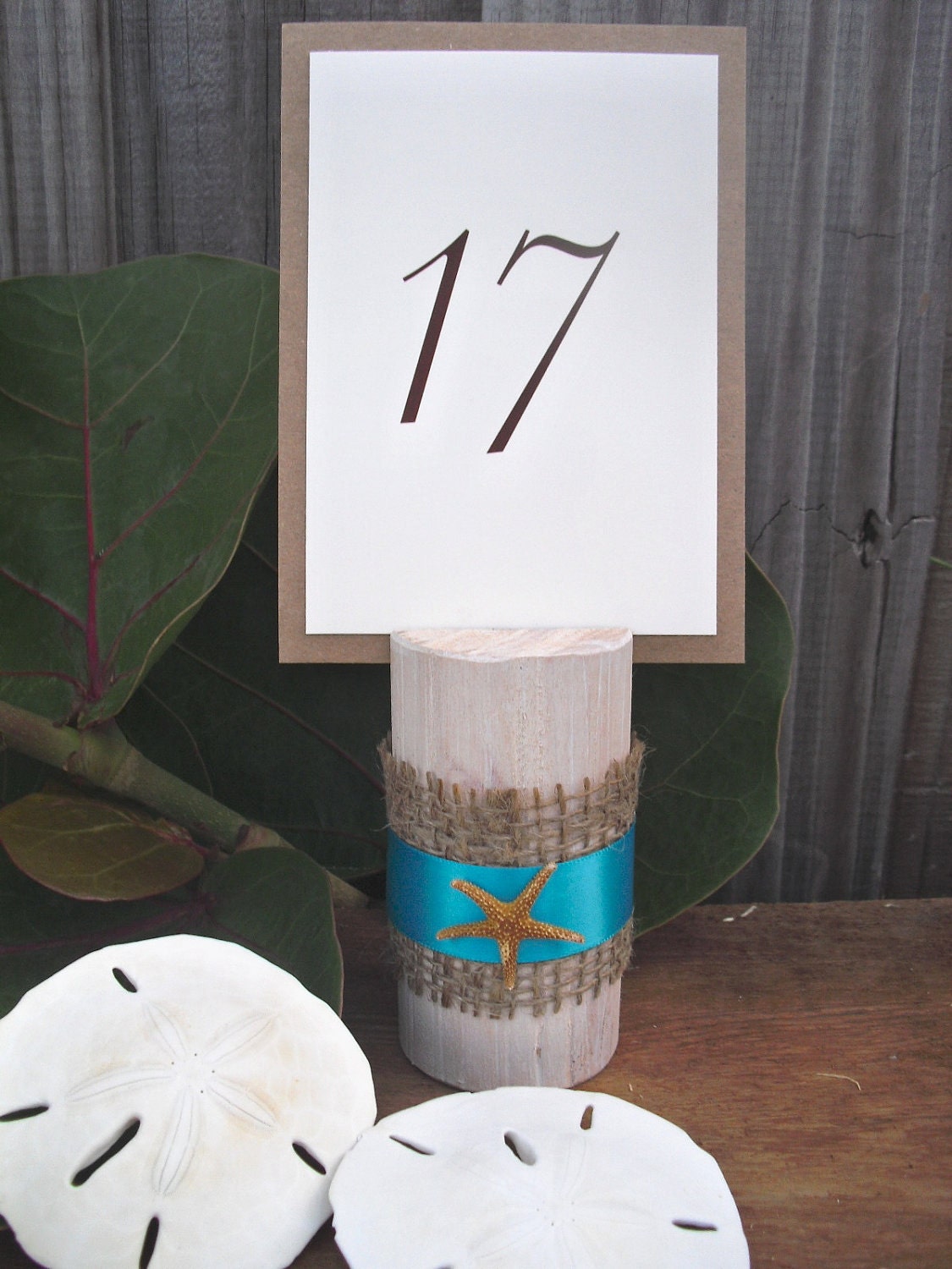 SET OF 6 Whitewashed Nautical Wood Table Number Holders with Starfish Item
