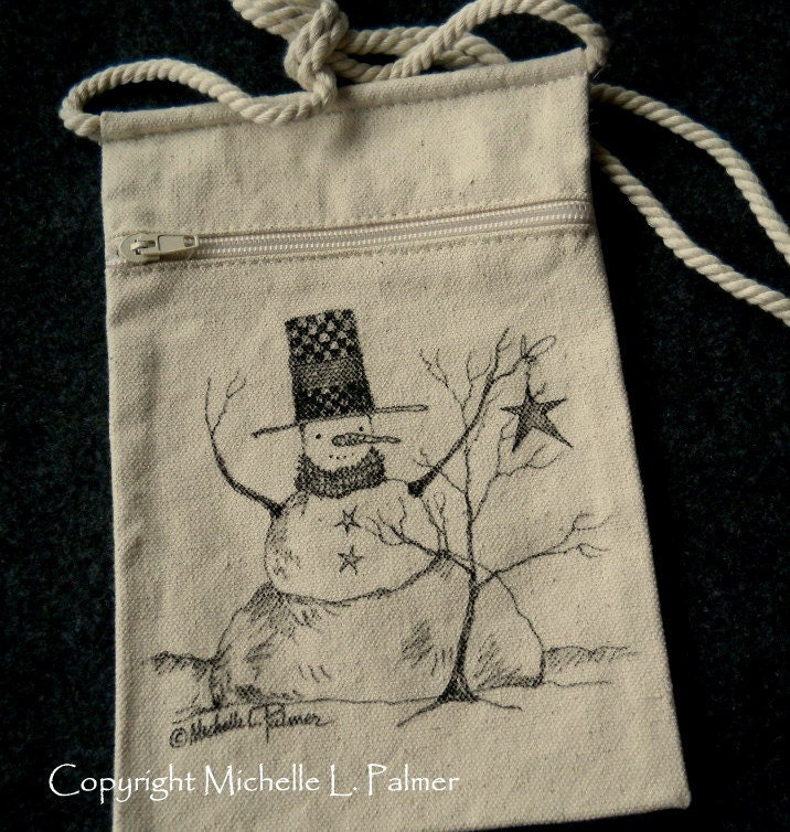 Snowman Winter Christmas Star Original Art Illustration on Natural Canvas Bag Tote Purse