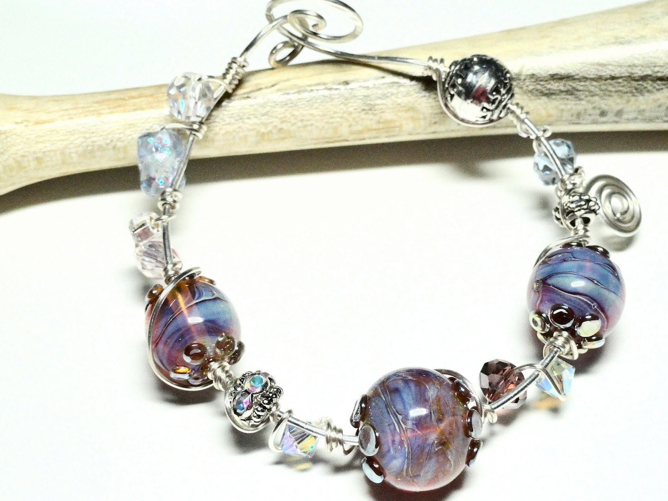 Moonlight & Roses Blue Rosy Amber Lampwork Bead Wire Wrapped Bracelet