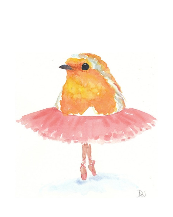 Original Bird Watercolor - Animal Illustration, Ballet Art, Ballerina, 8x10