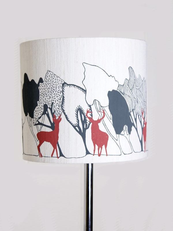Large Silk Lampshade Woodland charcoal with stag Hand Printed