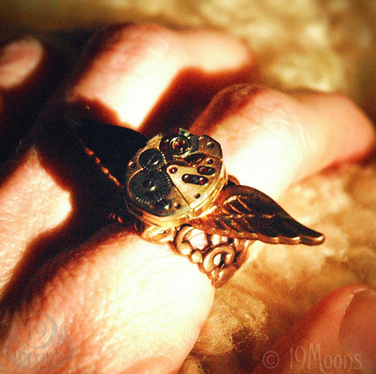 FIREBIRD Steampunk Ring by 19 Moons- Rare Rose Gold Watch Movement on Vintage Brass Phoenix Paratrooper Bird wings- Gorgeous Unisex Piece
