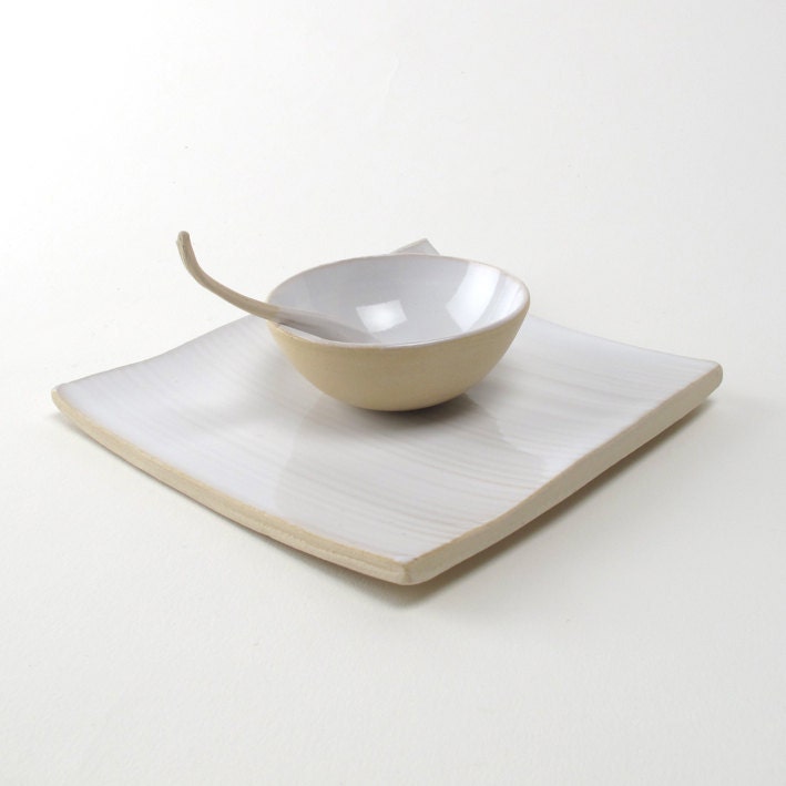 Appetizer set/ square plate with small bowl and funky little spoon