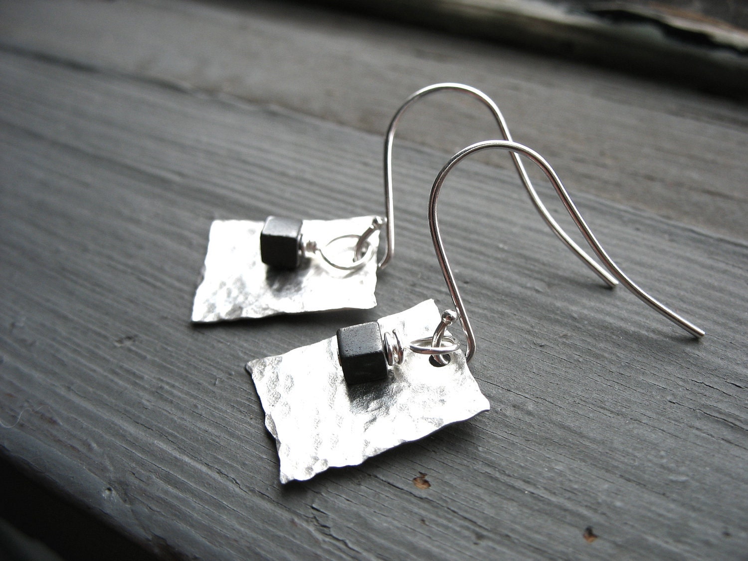 hematite and hammered silver earrings