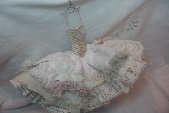 Assemblage Art Dress Made From Paper and Fabric - Vintage Lace