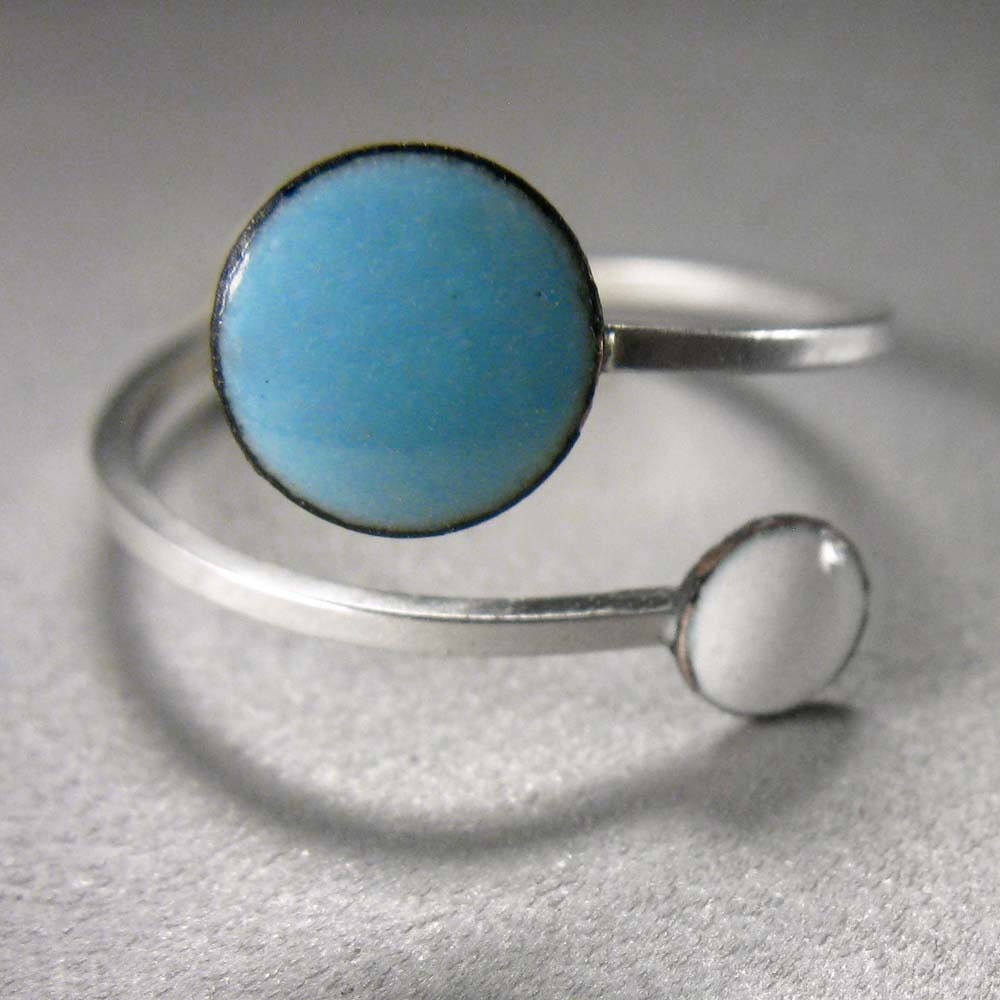 Orbit Enamel Ring: Sky Blue and Snow White, Adjustable Size, Kiln-fired Glass Enamel and Sterling Silver