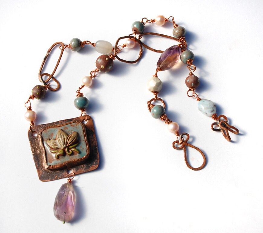 Lotus Dreams / Ceramic and Copper Art Bead Lotus Necklace
