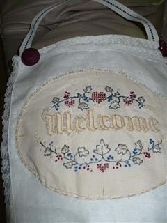 Vintage White Hankie Gift Bag House Warming Set Embroidery  -Red and Blue