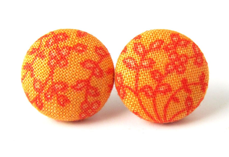 Orange button stud earrings red flowers tangerine spring
