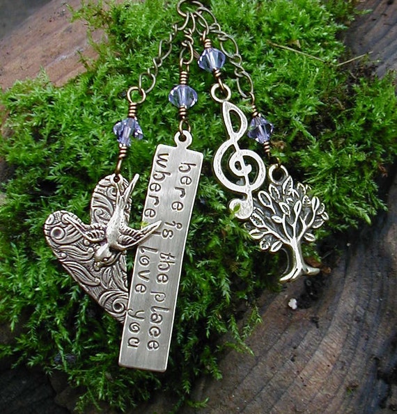 here is the place where I love you - Charm Necklace with Violet Crystals - Rue's Lullaby, The Hunger Games Quote Necklace