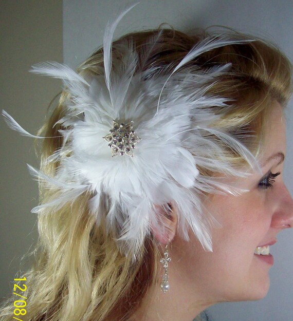 White Feather Bridal Headpiece For Your Wedding with Crystal CenterWhite 