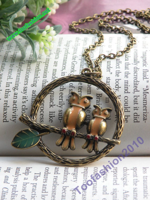 Pretty retro copper 2 owls birds on branch necklace pendant vintage style