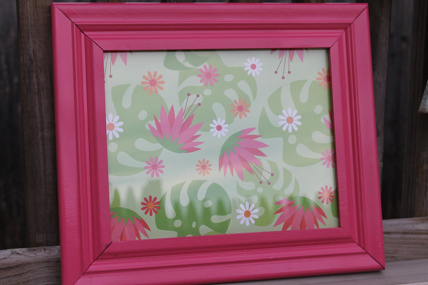 Hot Pink Picture Frame With Art-Upcycled valentines day shabby chic, modern, retro