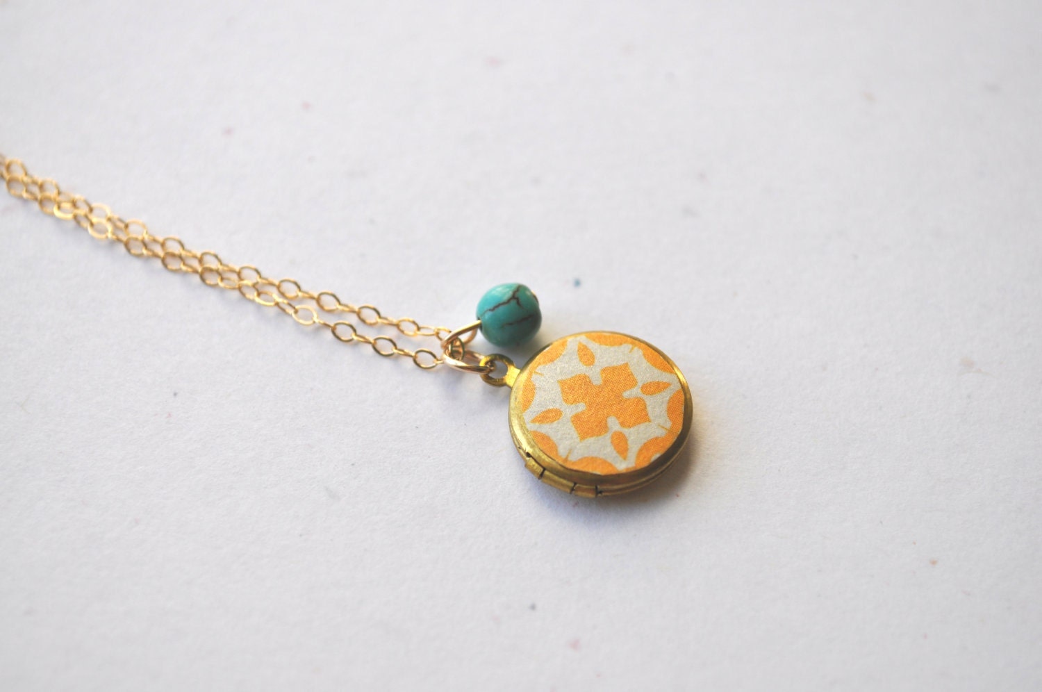 Sunshine Locket Necklace - round locket, yellow, turquoise, & gold - simple modern jewelry - adencreations