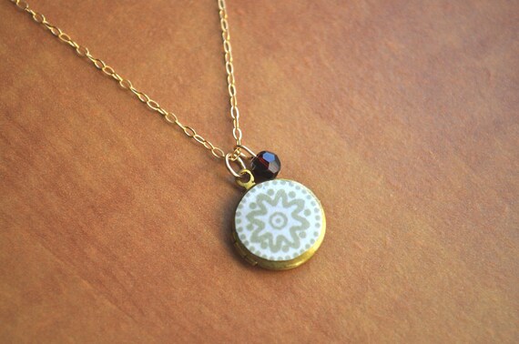 Daisy Locket Necklace - round locket sage green white garnet flower design gold filled - simple modern jewelry