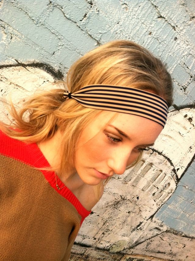 Striped Navy Khaki Stretch Headband - hair bsnd Statement Headband head bands Hair Coverings