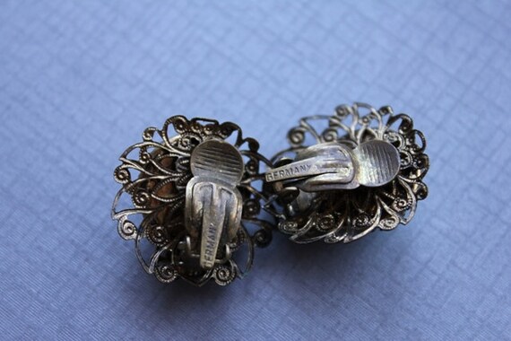 Gold Filigree, Turquiose and Baby Blye Rhinestone Vintage Earrings