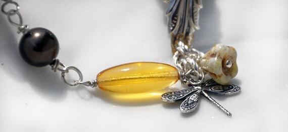 Dragonfly Bracelet With Chocolate Swarovski Pearls  Free Gift Wrap