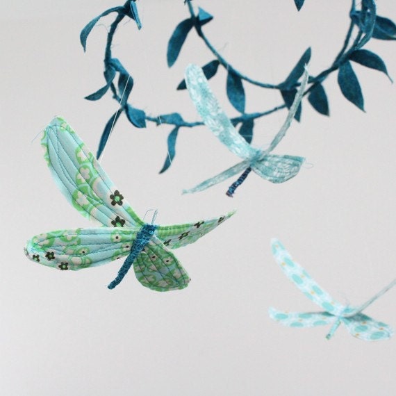 CUSTOM Dragonfly Mobile - handmade fabric mobile for Woodland Nursery Decor